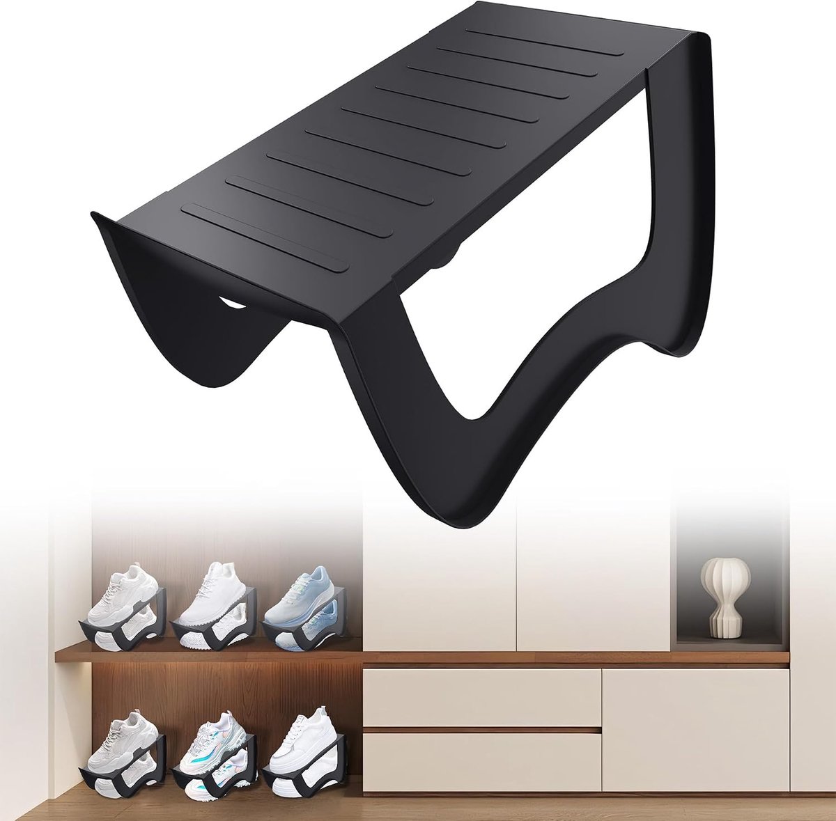20 stuks schoenenrekken, antislip, schoenhouder, ruimtebesparend, PP-kunststof, dubbellaagse schoenstapelset, schoenopslag, schoensleuf, organizer, zwart