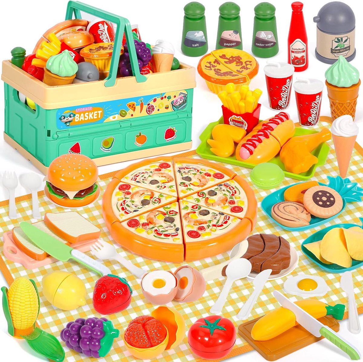 Accessoires, rollenspellen, modderkeuken, kinderen, outdoor, speelkeuken, accessoires met speelgoed, levensmiddelen, kinderservies, picknickmand voor kinderen