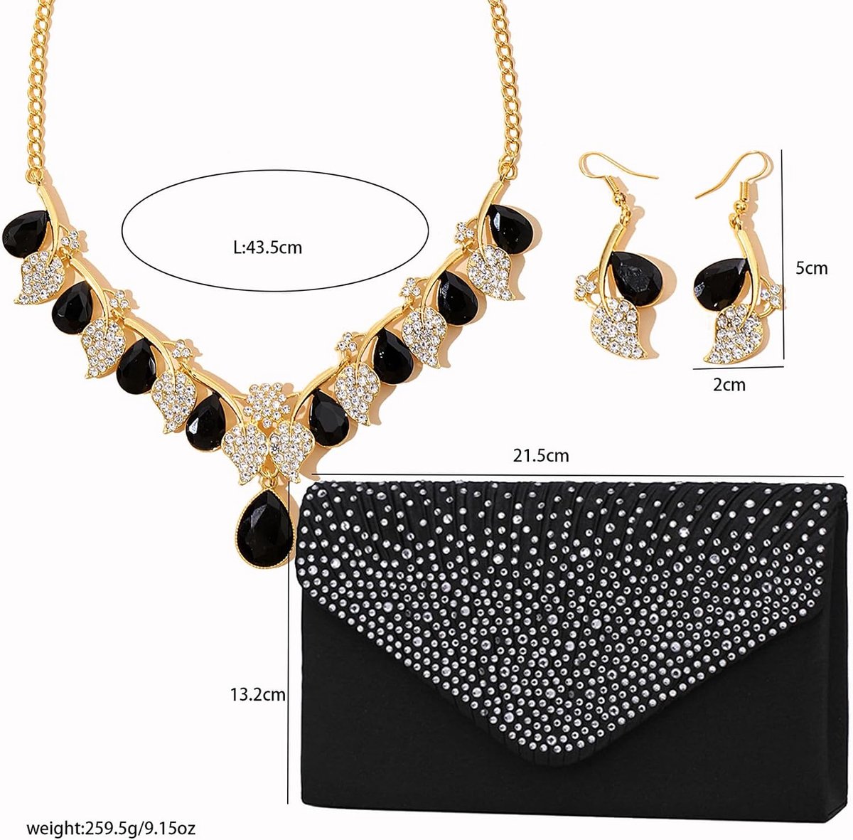 3-delige traanvormige sieradenset voor dames en clutch, voor bruiloft, bal, avondfeest