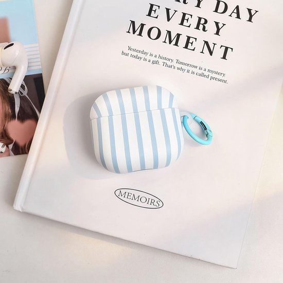 Compatibel met AirPods 2 hoes met reinigingsset, schattig gestreept patroon, esthetisch design, stootvaste en krasbestendige TPU-beschermhoes met sleutelhanger, voor vrouwen en meisjes, blauw — afbeelding 2