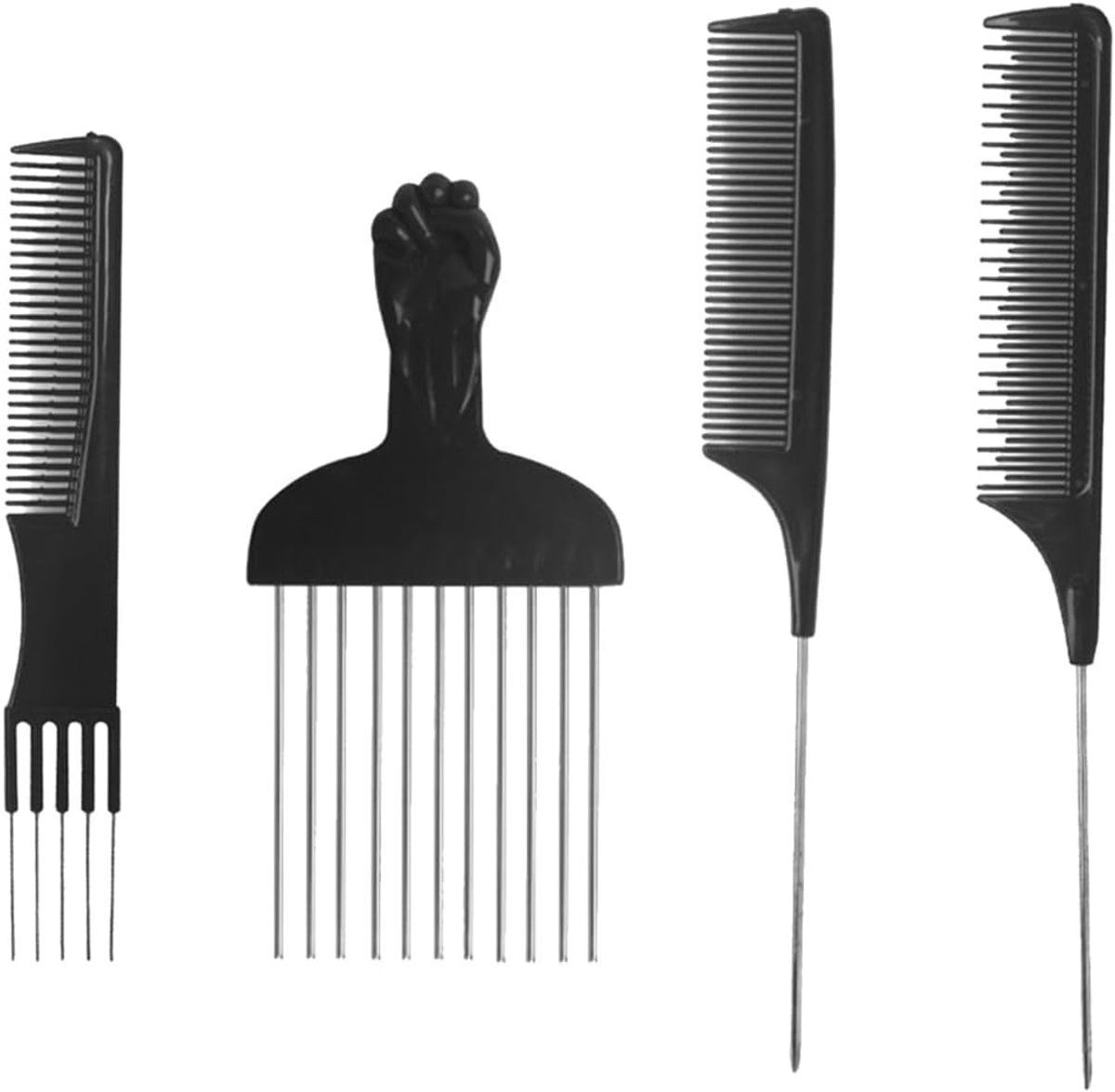 4 stuks, zwarte kunststof kam, afro-kam voor haar met brede tanden om te ontwarren en te stylen, voor mannen en vrouwen