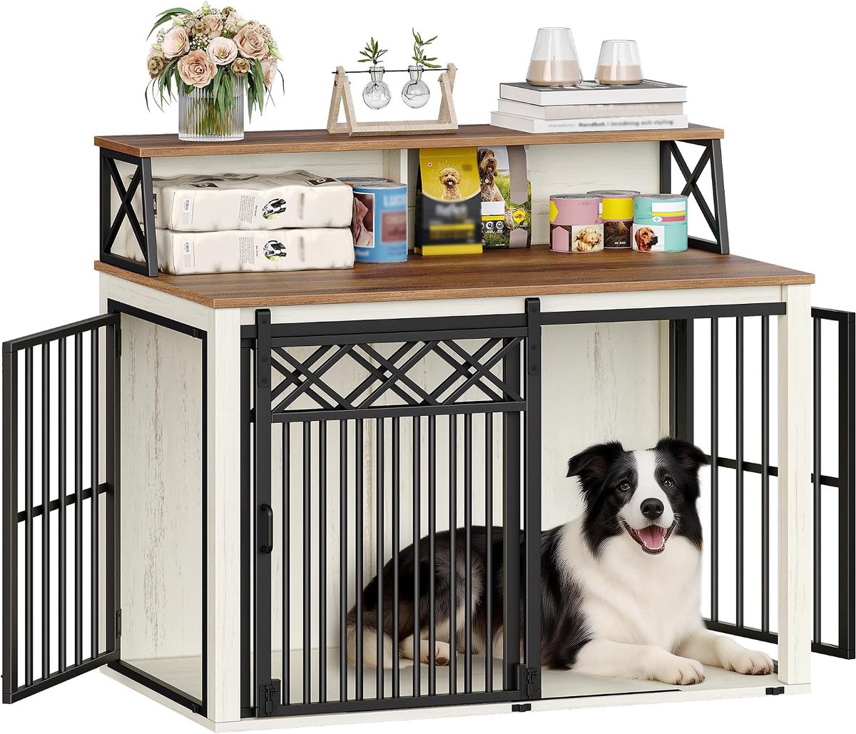 Hondenbench-meubel met Opbergplank, Binnenkennel, Wit Bruin
