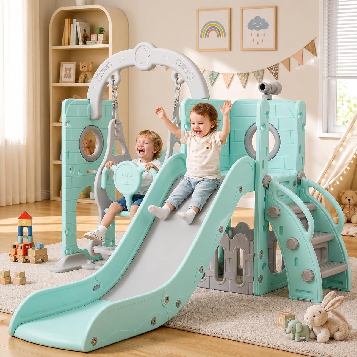 5-in-1 Kinderglijbaan met Schommel, Klimrek, Telescoop, Opbergruimte, Binnen- en Buiten Vrijstaande Glijbaan, Speeltuin Voor Peuters, Schommelset, Voor max. 60KG Van 1-6 Jaar