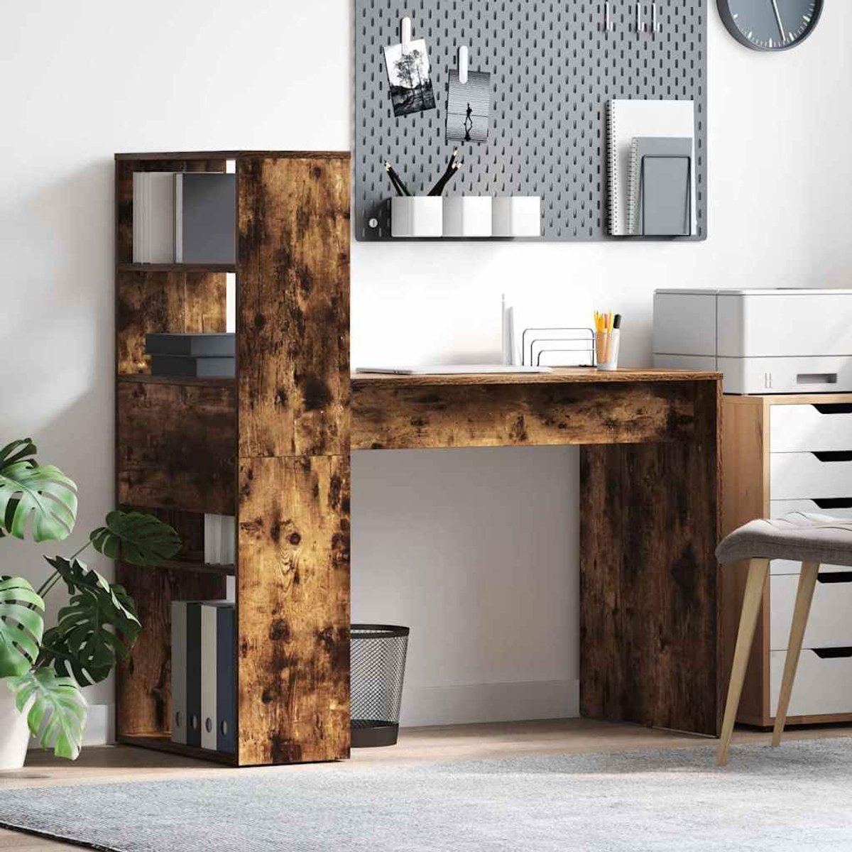 Rechthoekig bureau van houtmateriaal met planken, 113 x 54 x 120 cm, voor werkkamer, kantoor of woonkamer, mat oppervlak, praktische opbergruimte