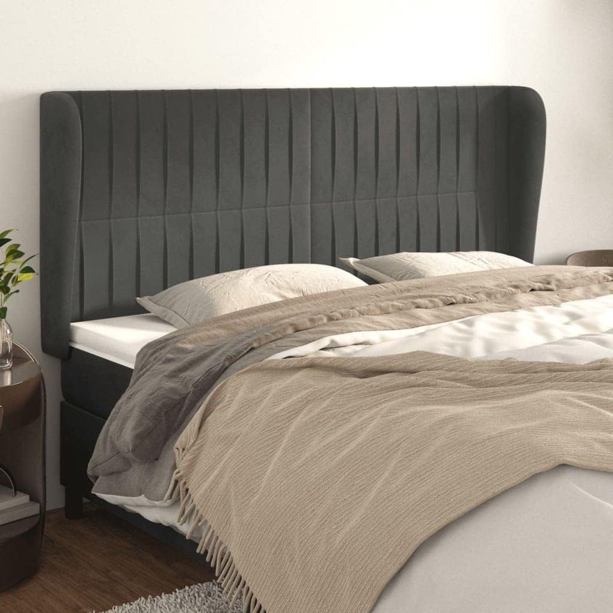Hoofdsteun met oren, donkergrijs, 183 x 23 x 118/128 cm, fluwelen hoofdeinde voor slaapkamer, slaapkamermeubilair, hotels