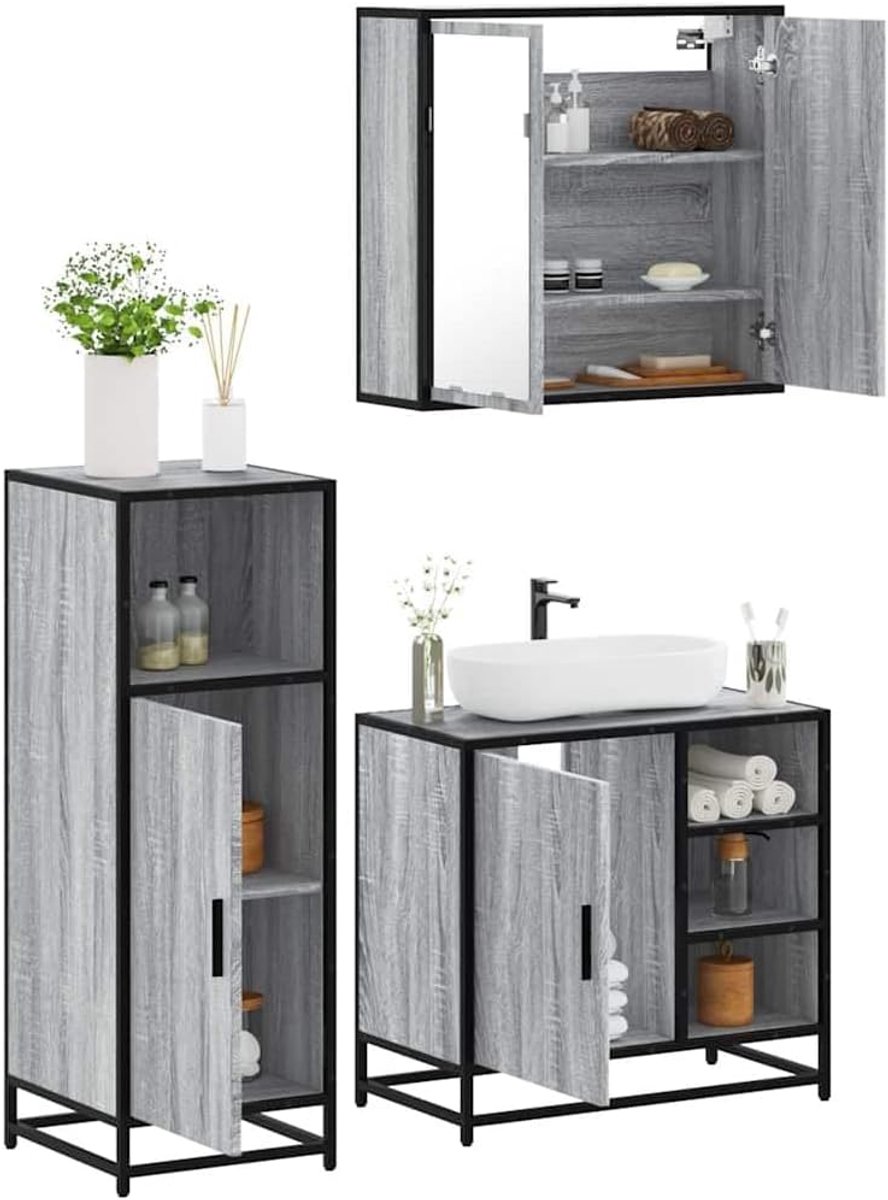 3-delig badkamermeubelset grijs Sonoma houtmateriaal met metalen frame en