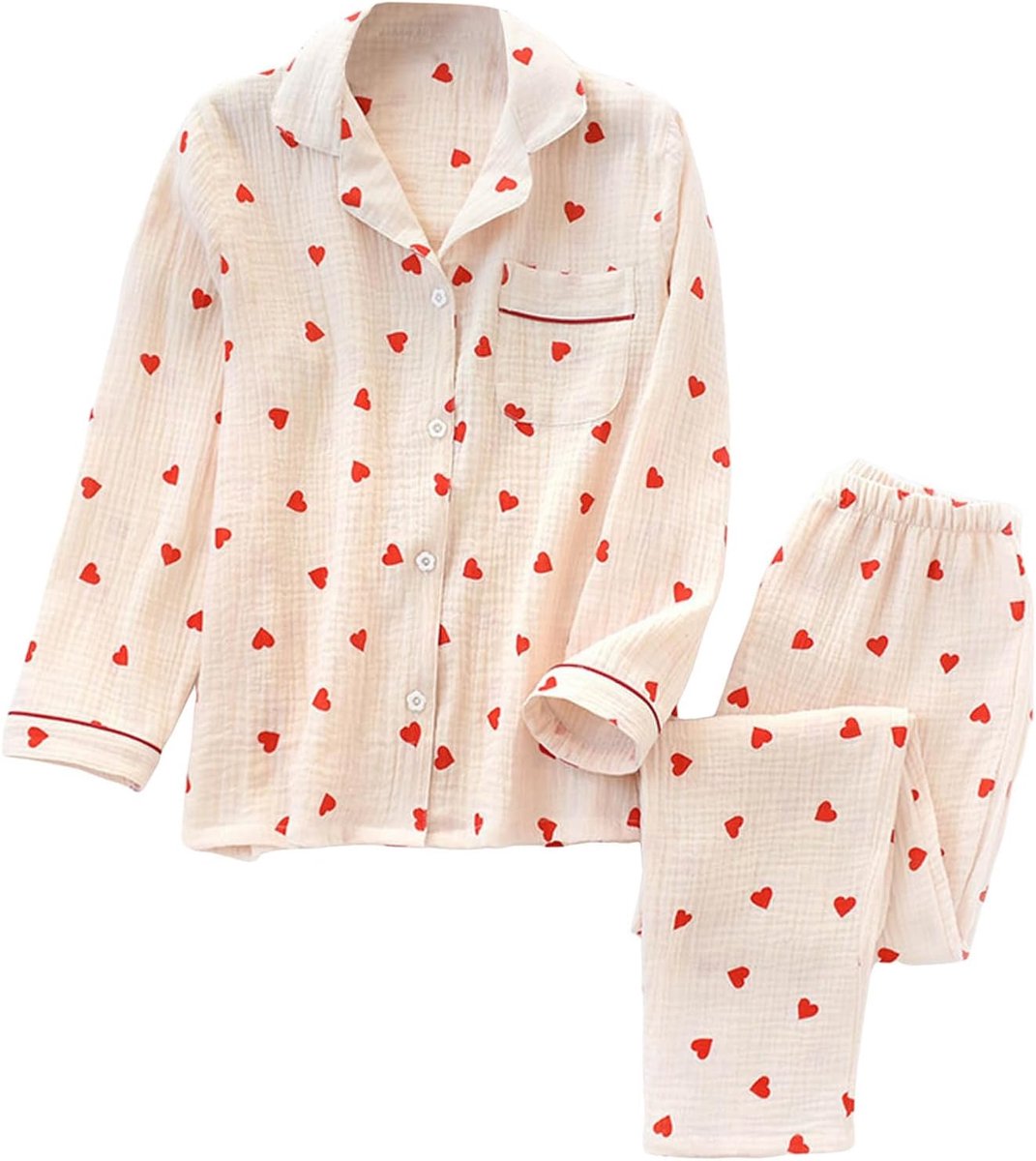 Pyjamaset met lange mouwen voor dames, met gebreide jas en hartjesprint, voor lente en herfst, Valentijnsdag, homewear, nachtkleding, 2-delige outfit