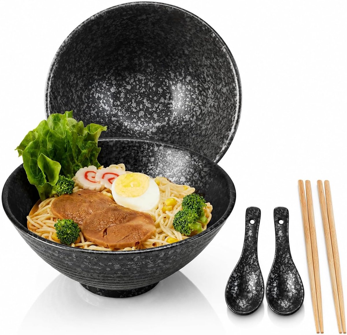 Ramenkomset, 2-delig, 1200 ml, grote keramische pastakommen met eetstokjes en lepel, magnetron- en vaatwasmachinebestendig, perfect voor pho, soep (zwart)