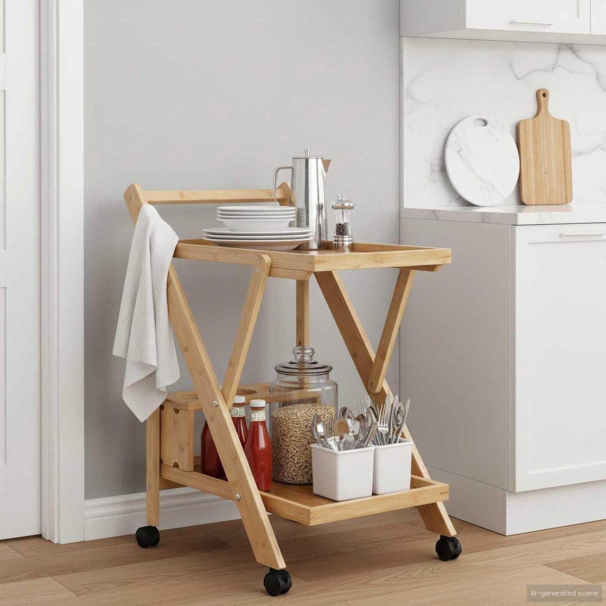 Keukenwagen van bamboe, inklapbaar, met wielen, serveerwagen voor keuken en eetkamer, bijzetwagen met 2 planken en flessenhouder, mobiele huishoudwagen 65 x 40,5 x 76,5 cm