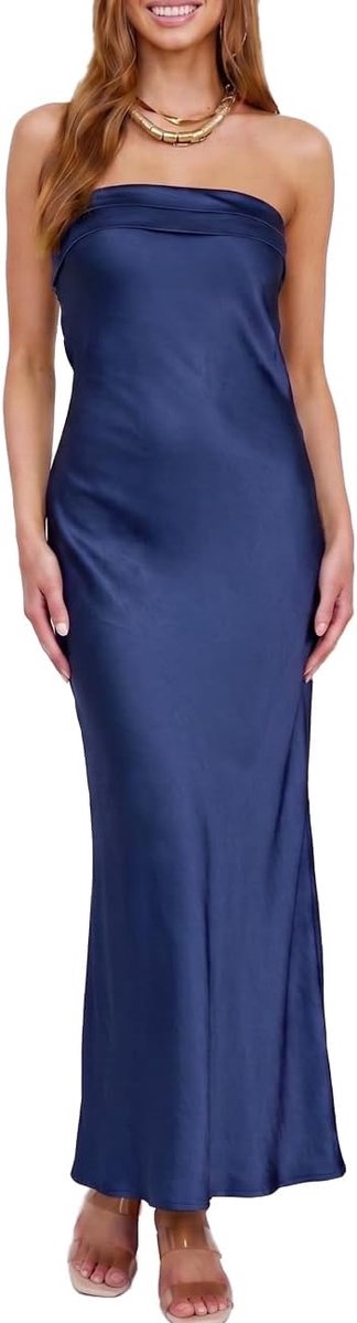 Satin Silk Backless Tube Tops Maxi Dress for Women Low Back Hollow Out Elegant Strapless Long Dresses Wedding Guest Navy