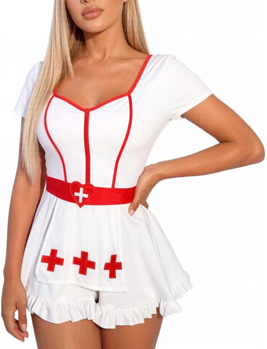 Verpleegsterskostuum voor dames, erotische cosplay-outfit, body met V-hals, rugvrije babydoll, minirok en strik, wit, vrouwen, verpleegstersuniform, lingerie, uniformjurk