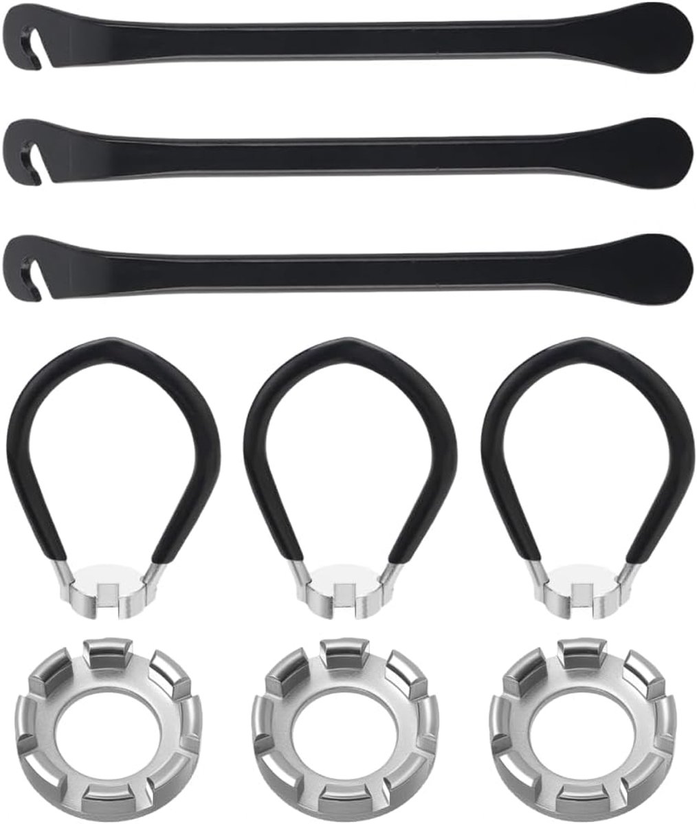 9 sleutels voor fietsspaken, onderhoudsgereedschapsset, 3 spaakspanners + 3 bandenhendels