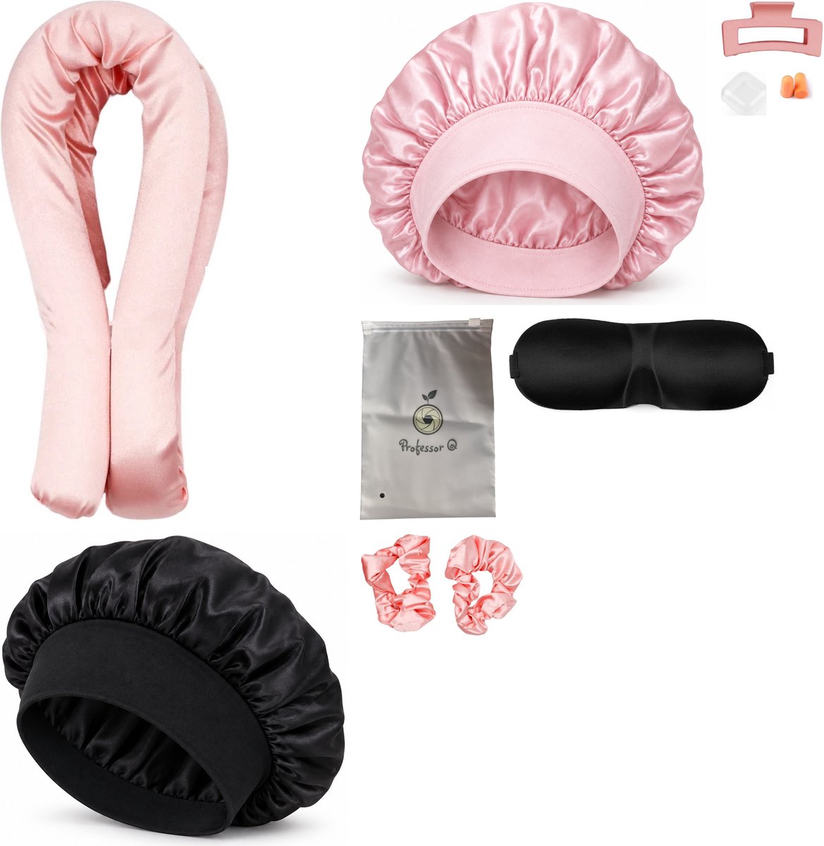 Professor Q Heatless Curls Set - Heatless Curlset met 2 Elastiekjes en Klem - Bonnet Roze - Bonnet Zwart - Slaapmasker Zwart