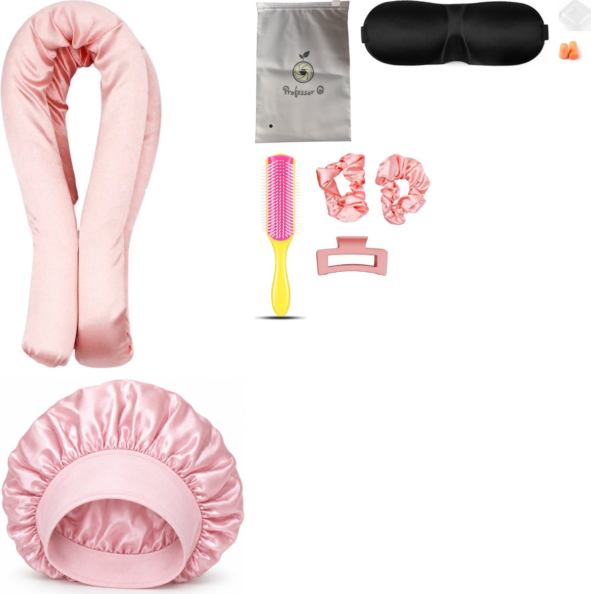 Professor Q Heatless Curls Set - Heatless Curlset met 2 Elastiekjes en Klem - Bonnet Roze - Fusion Pink Borstel - Slaapmasker Zwart