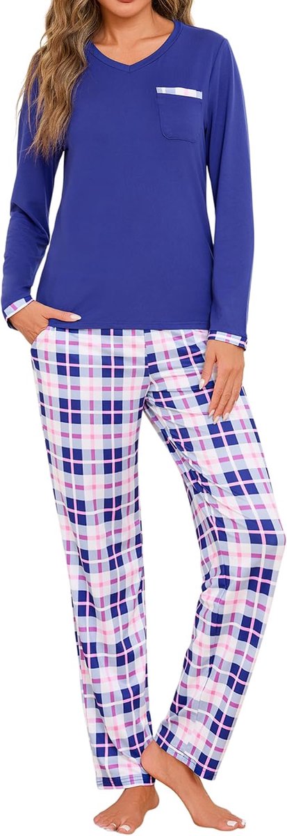 Damespyjama-set met lange mouwen, katoenen pyjama voor dames, V-hals, top en geruite broek met zakken, zachte loungewear sets twee stuks