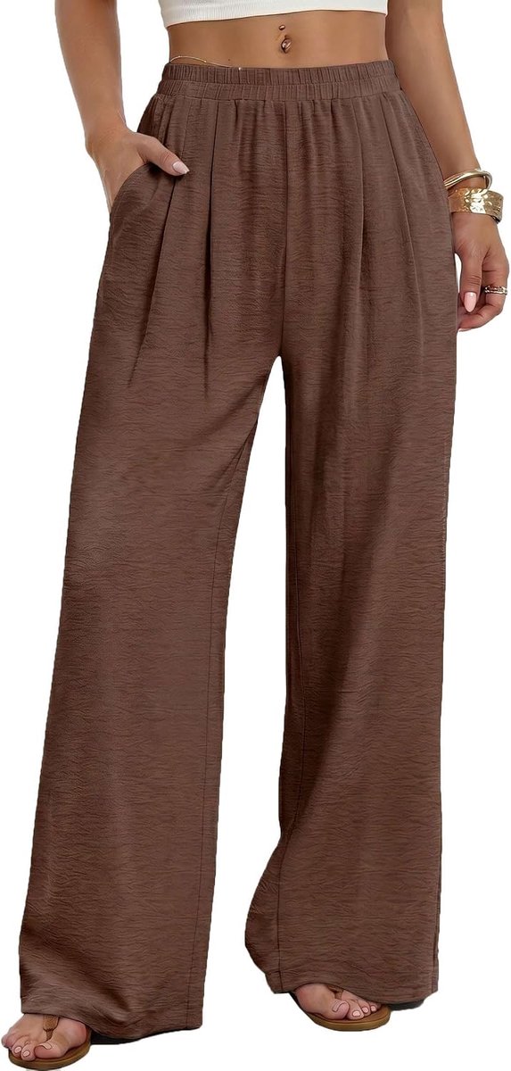 Damesbroek met wijde pijpen, elegante stoffen broek, vloeiende palazzo-broek, elastische taille en zakken, losse chiffon vrijetijdsbroek