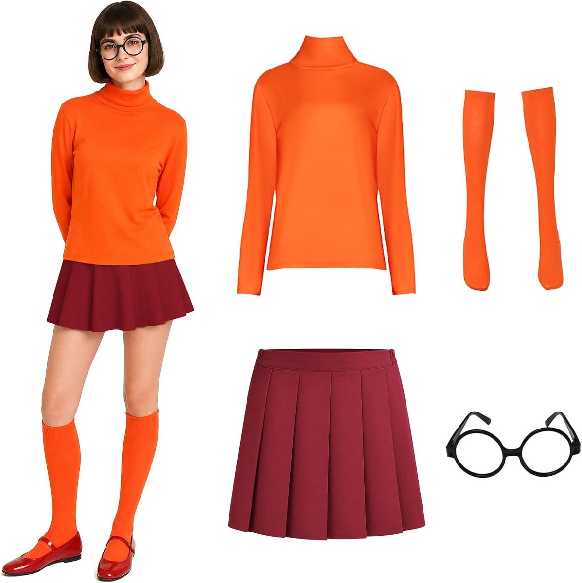 Halloween kostuumset voor dames, klassieke film, oranje top met lange mouwen, buikvrij bovenstuk, rollenspel voor volwassenen, rode rok met accessoires