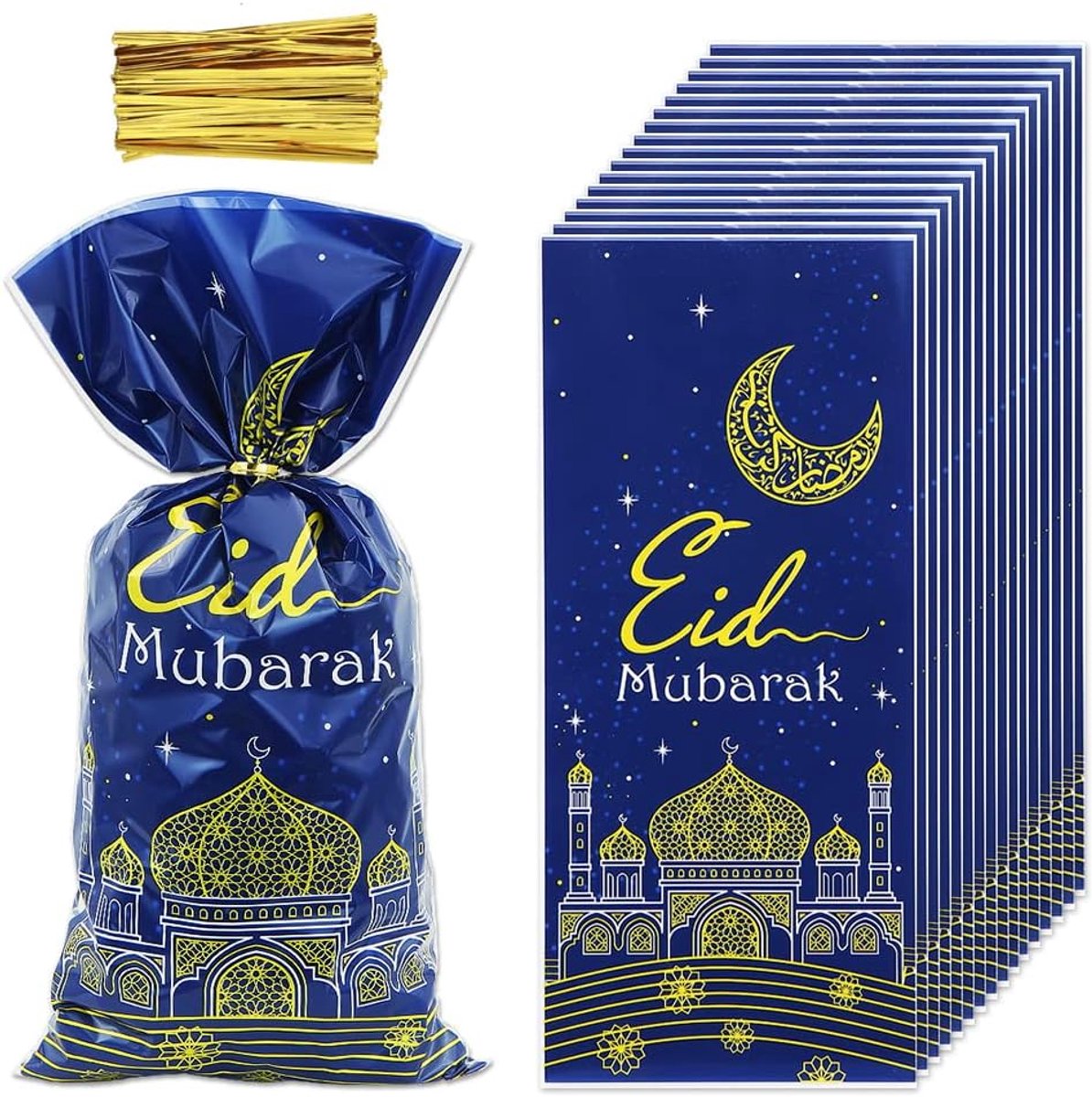Eid Mubarak geschenkzakjes met draaibanden, 100 stuks blauw goud Eid feest cellofaan traktatiezakjes kasteel maan ster goodie koekjeszakjes voor moslim islam Eid Iftar festival feest