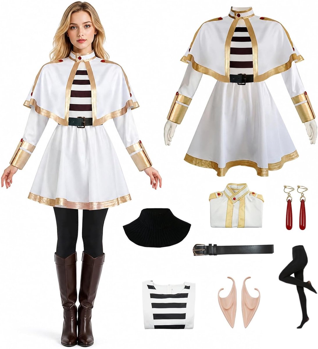 Cosplay anime-kostuum voor dames, anime cosplay set – begrafenis cosplay uniform met jurk, cape, panty, elfenoren, complete Halloween carnaval party outfit