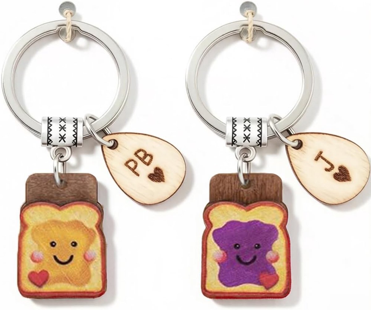 Toast sleutelhanger set van 2, nieuwe begingeschenken voor beste vriend, veel geluk hout brood plak sleutelhanger, verloving, housewarming, verjaardag, nieuwe baan, afstuderen, afscheidscadeaus