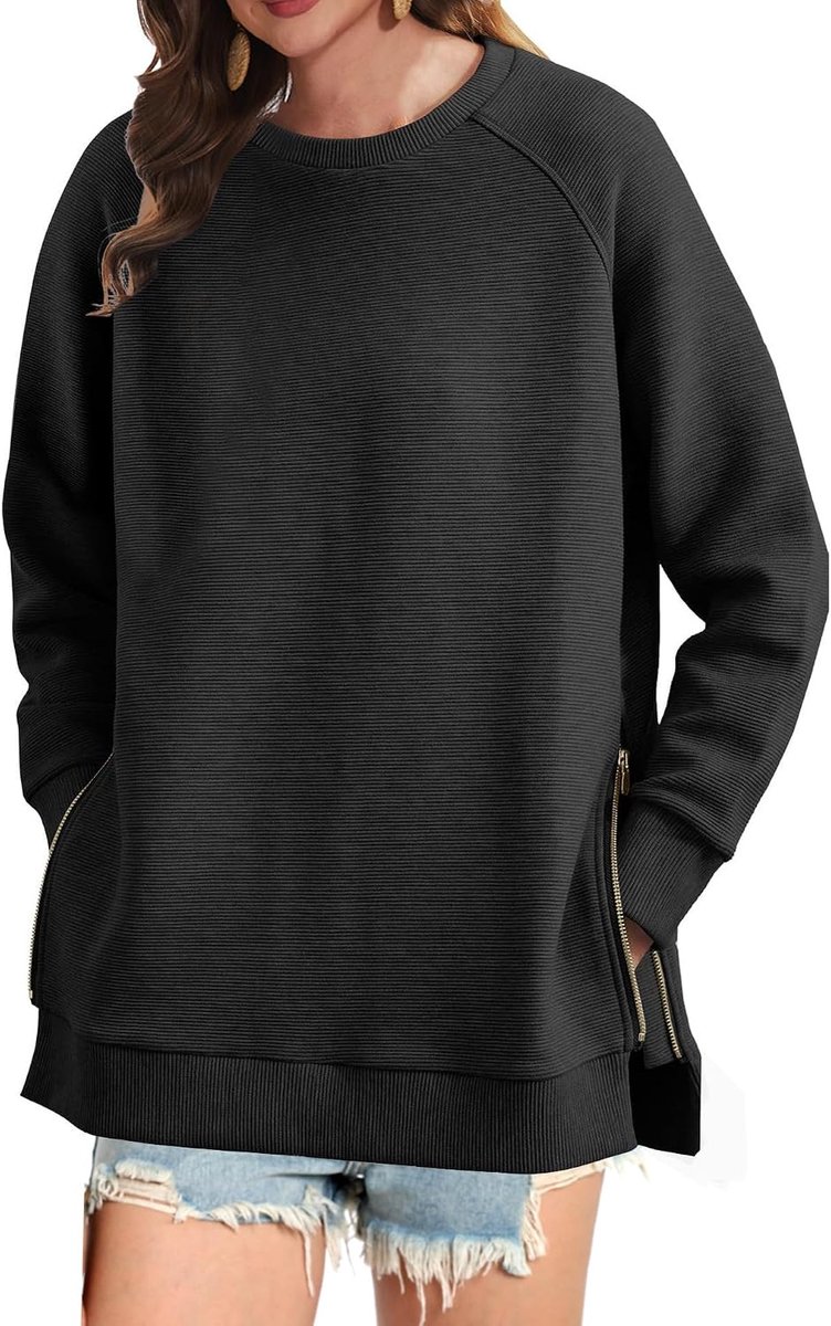 Sweatshirt dames ronde hals pullover top casual pullover met ritssluiting pullover dames herfst mode lange mouwen met zijsplit