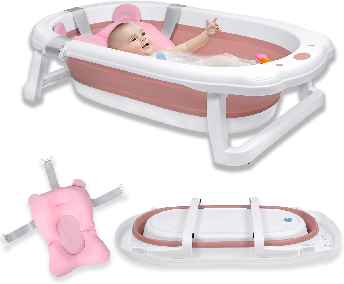 82x50x20cm Opvouwbaar Babybadje Douchebad Badkuip voor Peuters Antislip Veilig Ergonomisch Babybadje Draagbare Veiligheidsdouche met Badkussentje voor Pasgeborenen Peuters van 0-8 Jaar (Roze)