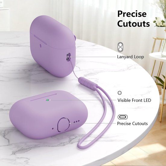 hoes compatibel met AirPods Pro 3e generatie, rondom bescherming, siliconen beschermhoes voor AirPods Pro 3 met trekkoord, zichtbare LED aan de voorkant, lavendel — afbeelding 4
