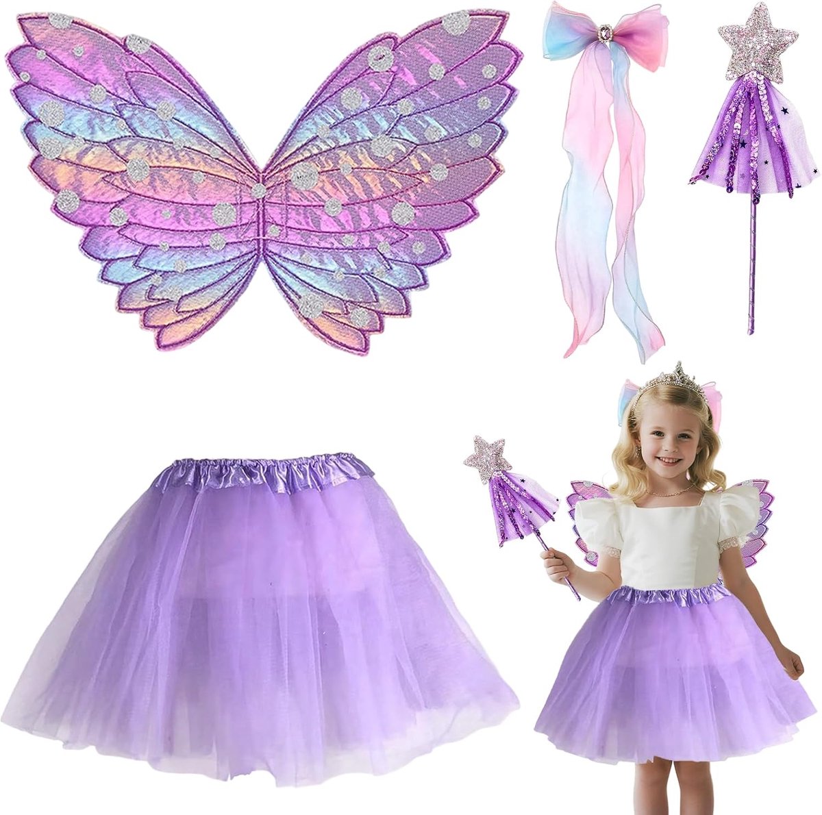 4 stuks, vlinderkostuum voor kinderen, feeënvleugels, vlindervleugels, meisjes, prinsessenvluchten voor verjaardagsfeest, cosplay, themafeest (paars)