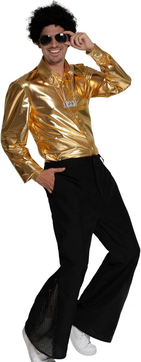 Disco Kostuum Heren met Accessoires 5-Delig Shirt, Broek, Pruik, Bril & Ketting Disco Outfit Heren 70s Kostuum Disco Pak Hippiekostuum Jaren 70 Goud of Zwart