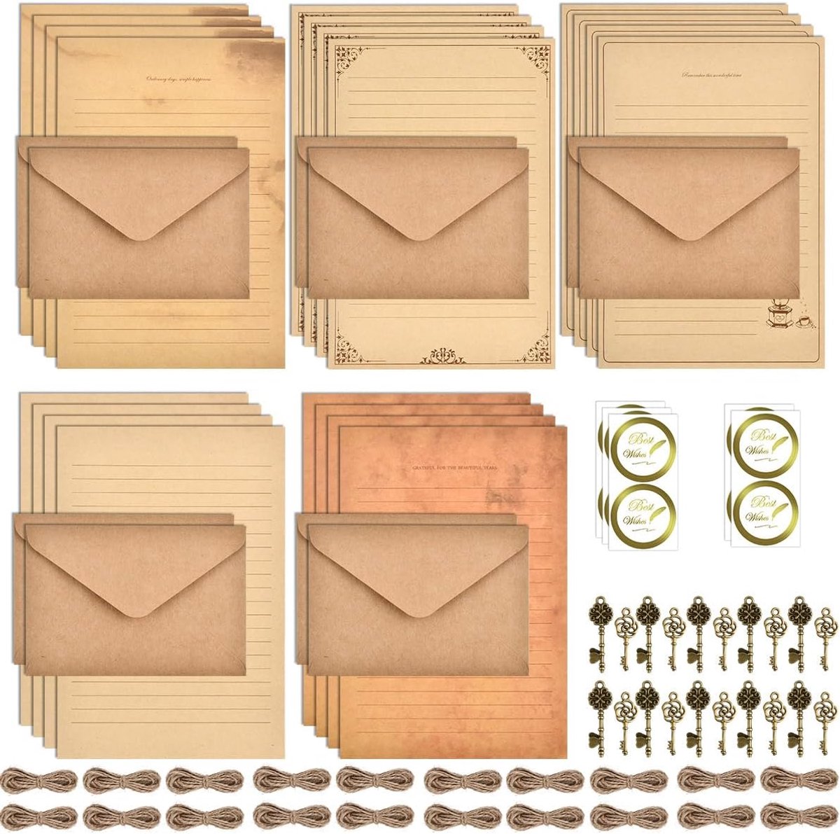 briefpapier met envelopset, 60 stuks, 20 A5 vintage briefpapier, 10 enveloppen van kraftpapier, 10 henneptouwen, 10 retro sleutels, 10 stickers, kraftpapier enveloppen voor brief uitnodiging