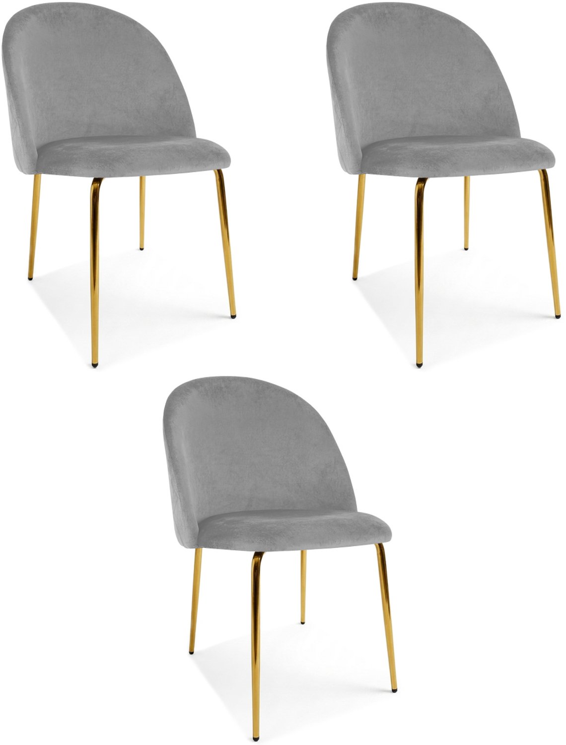 LEOBERT INCA Eetkamerstoelen – Set van 3 – Grijs Velvet – Goudkleurige Metalen Poten – Comfortabele Ergonomische Zitting – Modern Design – Velvet Stoel voor Woonkamer, Keuken en Eetkamer – Max. 110 kg per Stoel