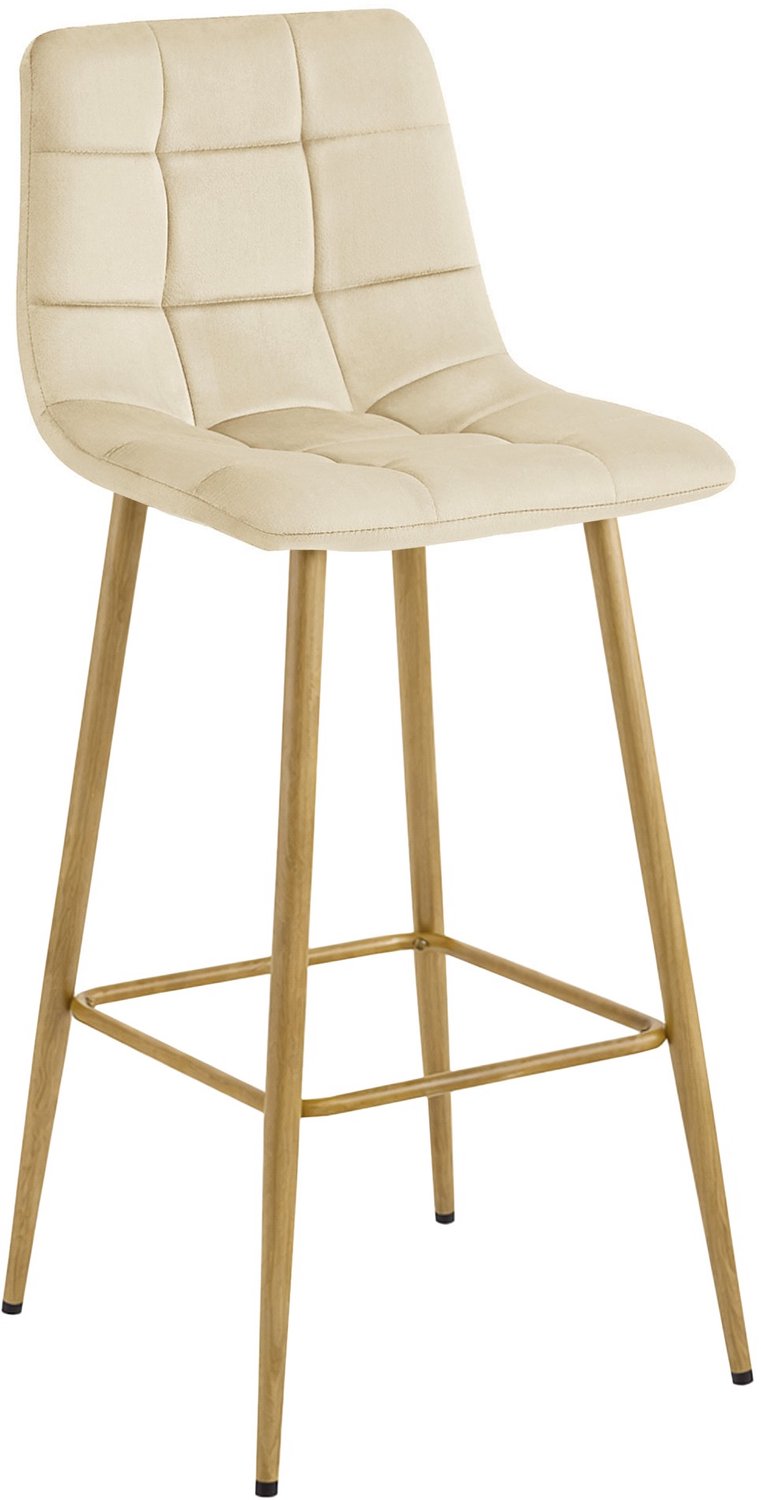 LEOBERT ARCETO Barkruk – Beige Velvet – Eikenkleurige Metalen Poten – Modern Design – Voor Keukeneiland, Bar en Keuken