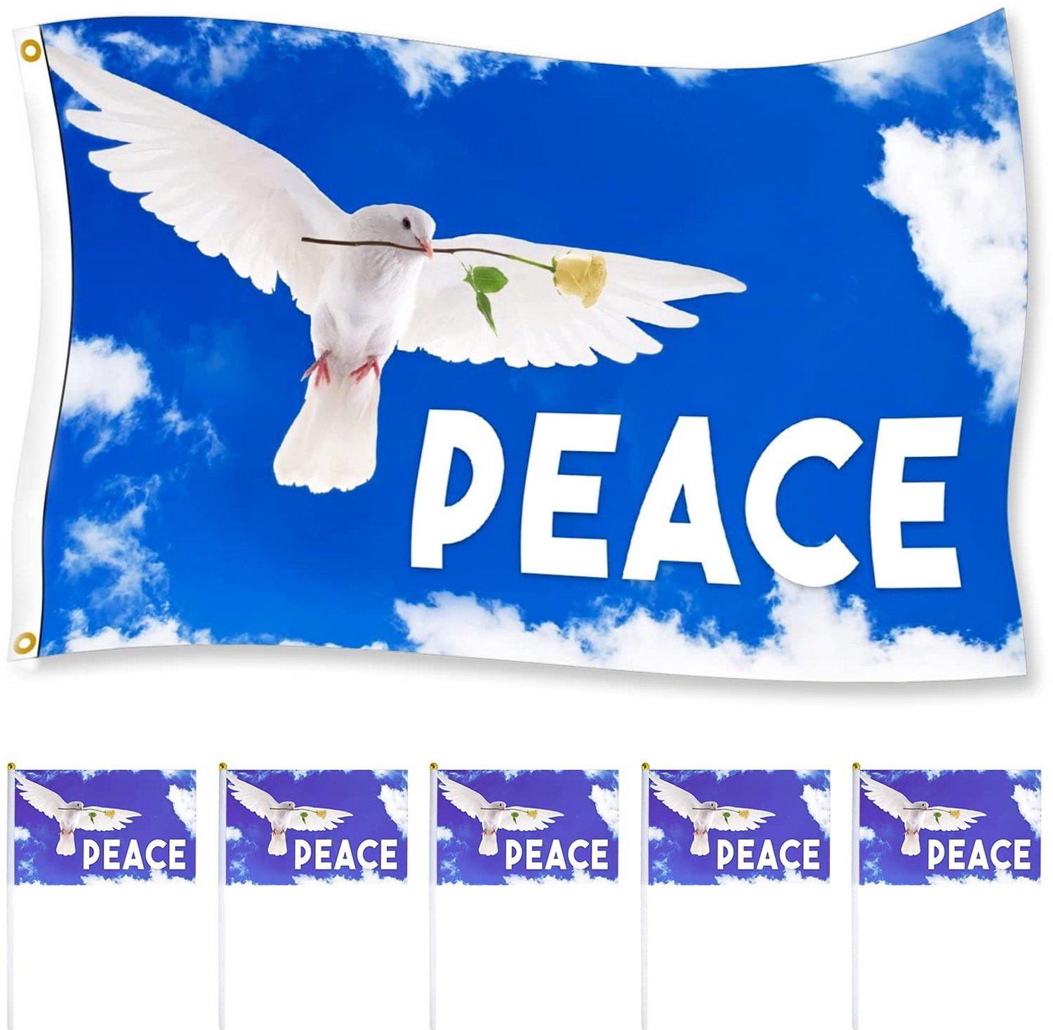 Tuinvlag vrededuif 150 x 90 cm - duurzame buitenbanner - decoratief met 5 kleine vredesvlaggen - voor een serene sfeer - Vemera