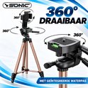 YSONIC statiefkop met 360 graden rotatie, kantelmechanisme en geïntegreerde waterpas.