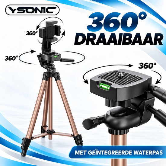 YSONIC statiefkop met 360 graden rotatie, kantelmechanisme en geïntegreerde waterpas.