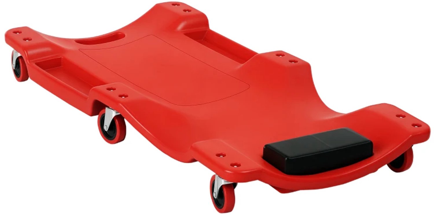 Montagerolplank - Met hoofdsteun en gereedschapsbak - Oliebestendig - Draagvermogen tot 120 kg - 100 x 48 x 12 cm - Rood