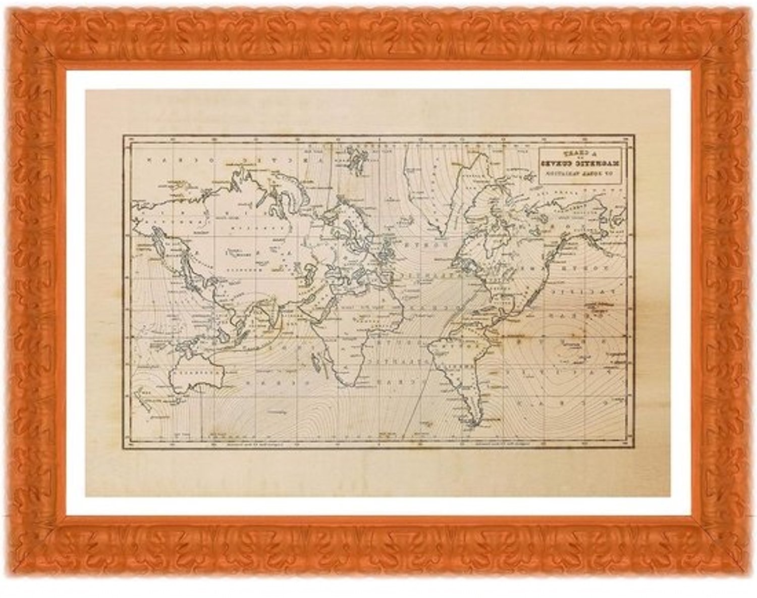 Wereldkaart Poster - Kaart als wanddecoratie - Woonkamer inrichten - Massief houten frame - 30x42 cm - Oranje