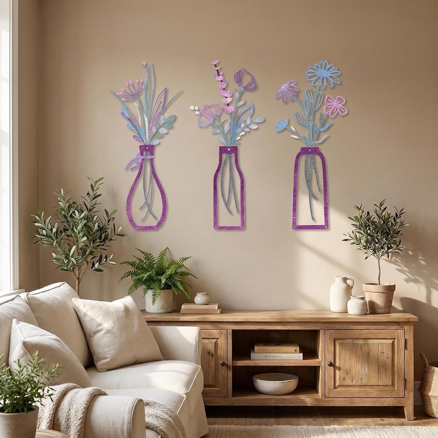 Wanddecoratie set 15 x 35 cm - metalen bloemen - rustiek bohemian ontwerp - voor woonkamer en slaapkamer - m-winkel