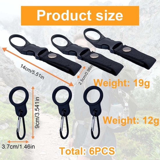 Dailygoods- Flessenhouder set van 6 - Siliconen/ABS - Waterfles drager - Karabijnhaak/clip - Duurzaam - Compact ontwerp - Flesdrager — afbeelding 3