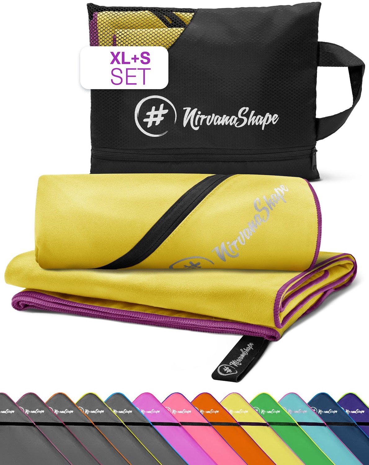 NirvanaShape - microvezel handdoek - strandlaken en badlaken - sneldrogend en absorberend - sporthanddoek met slimme hoekzak - set van 2: 200 x 100 cm + 60 x 40 cm - Geel / Paarse Rand