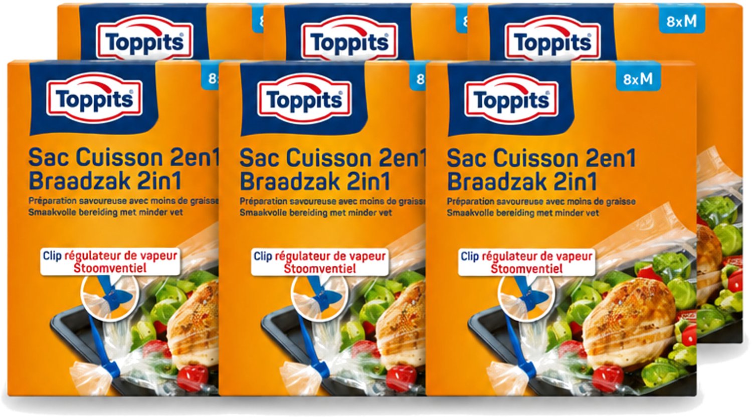 6 x Toppits – 2-in-1 Braad- & Stoomzakken – Maat M – 8 Zakjes - Voordeelverpakking - 6 stuks