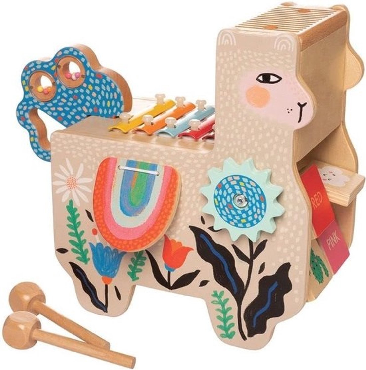 Muzikaal houten lama-instrument voor peuters - 5-in-1 speelgoed met xylofoon, maraca en trommels