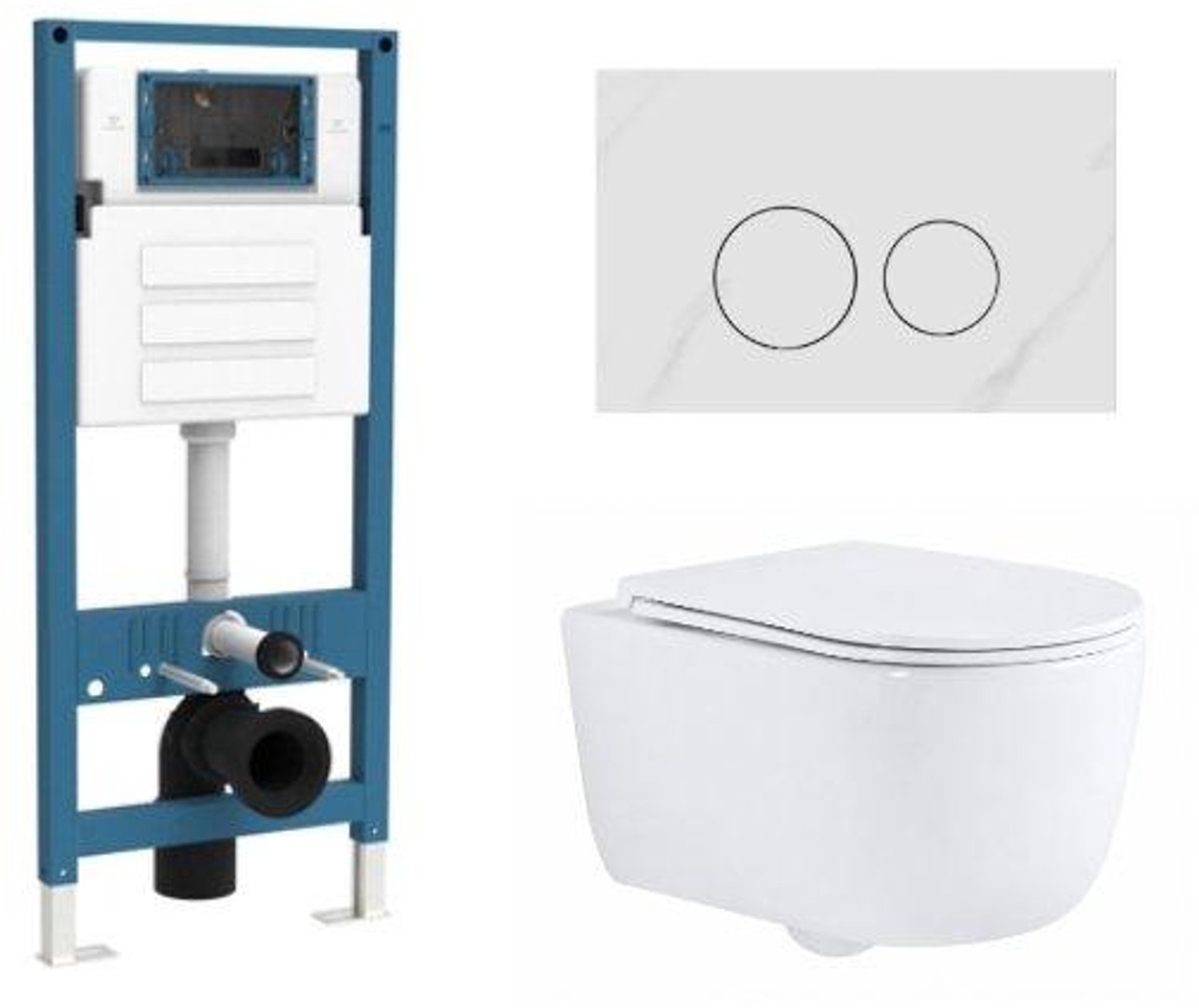 QeramiQ Dely Swirl Toiletset - inbouwreservoir Qeramiq Flush - slim zitting - natuursteen wit marmeren bedieningsplaat - ronde knoppen - glans wit