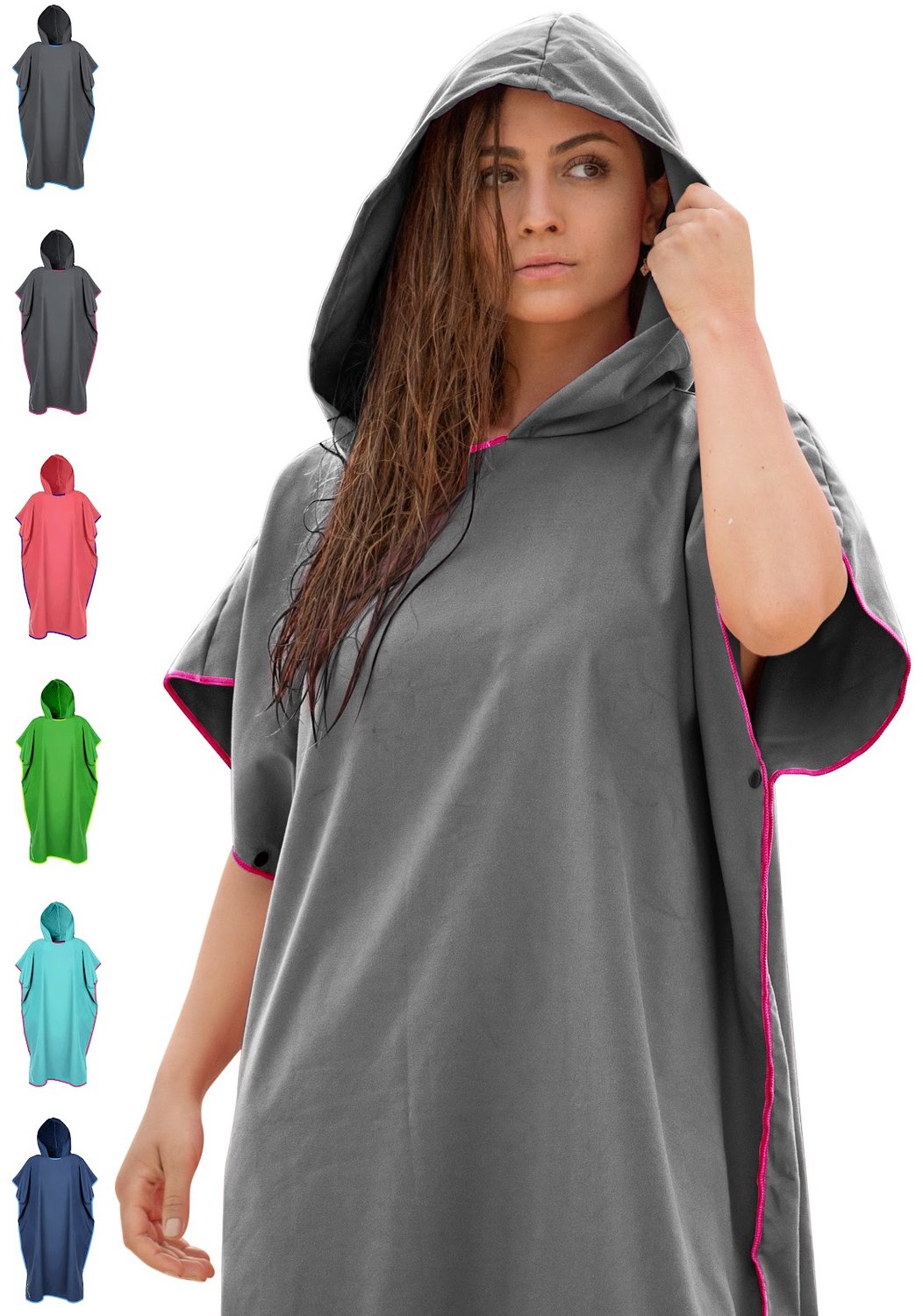 NirvanaShape - Handdoekponcho - Badjas en omkleeddoek - Pluisvrije en sterk absorberende microvezel - Uniseks loose-fit met capuchon - 117 x 85 cm - Grijs / Roze Rand