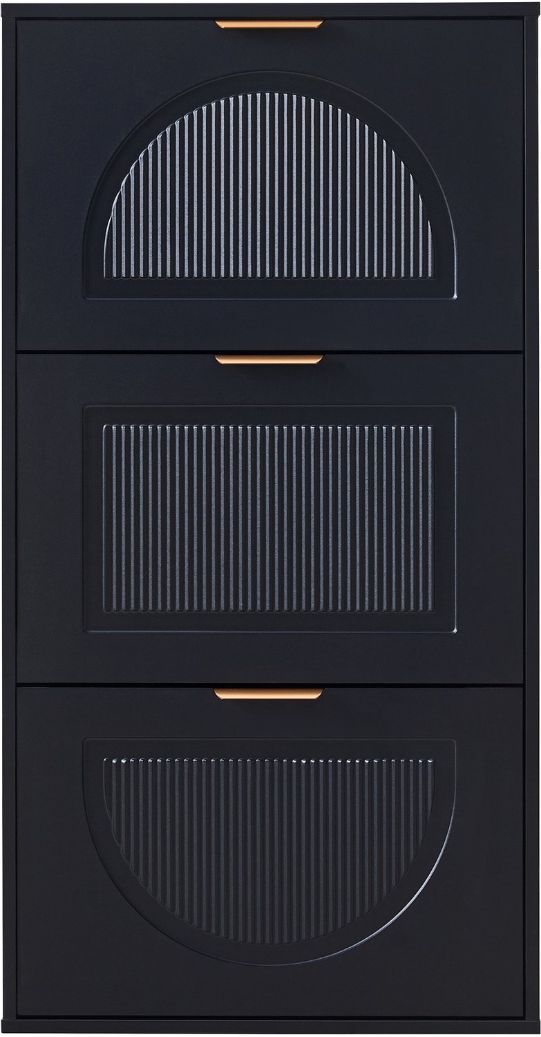 SONNENH Smalle schoenenkast met 3 kleppen, boogreliëf en tweelaagse indeling - Zwart - 60 x 24 x 114 cm