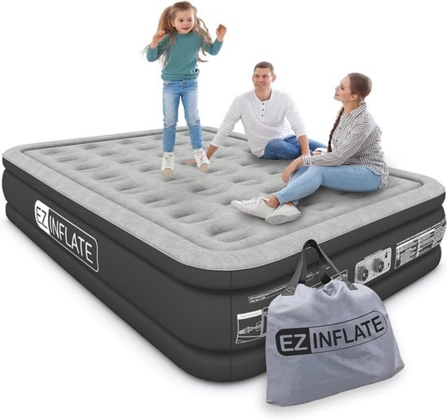 Kingsize opblaasbaar luchtmatras met ingebouwde pomp - Dubbel hoog en draagbaar - Voor kamperen en reizen