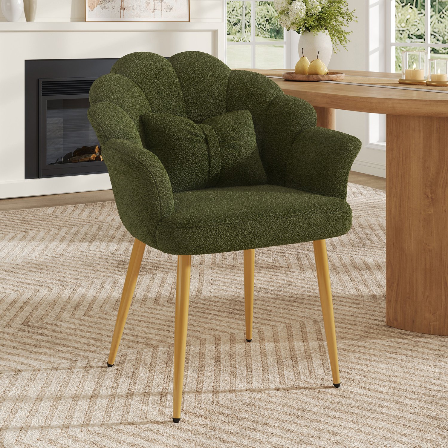 DESMIU Fauteuil 64 x 65,5 x 85 cm - Teddystof Met Armleuningen En Bloemblaadrugleuning - Woon- En Eetkamer - Groen