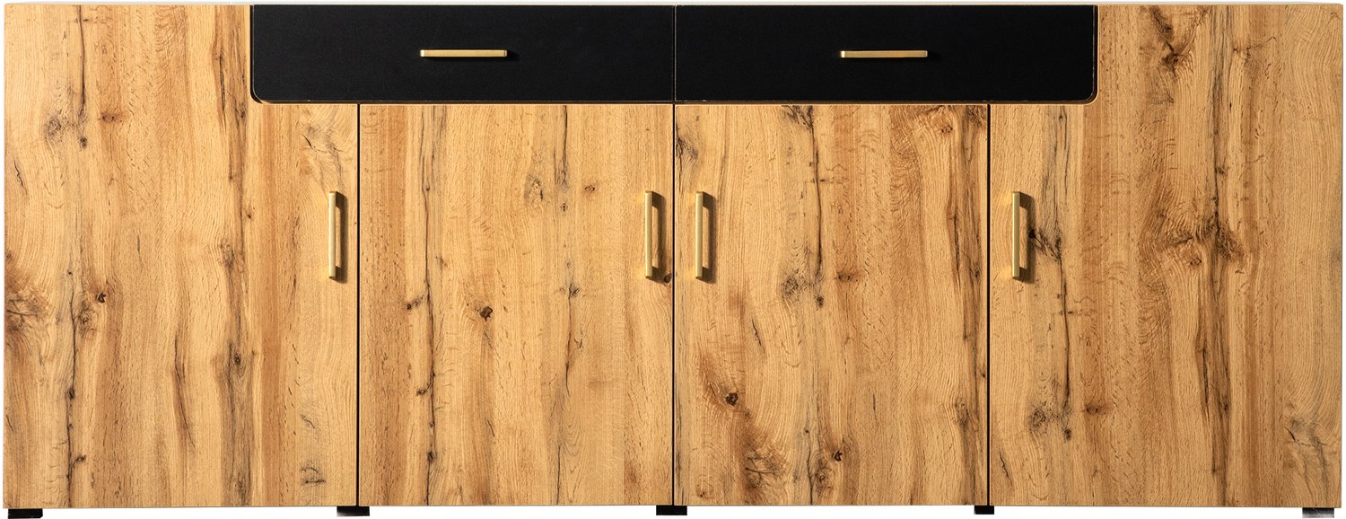 SONNENH Dressoir - Bruine houtlook en zwart - 4 deuren en 2 lades - 208 x 39,5 x 80 cm