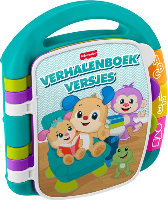 Een groen en paars Fisher-Price 'Verhalenboek Versjes' met afbeeldingen van dieren.