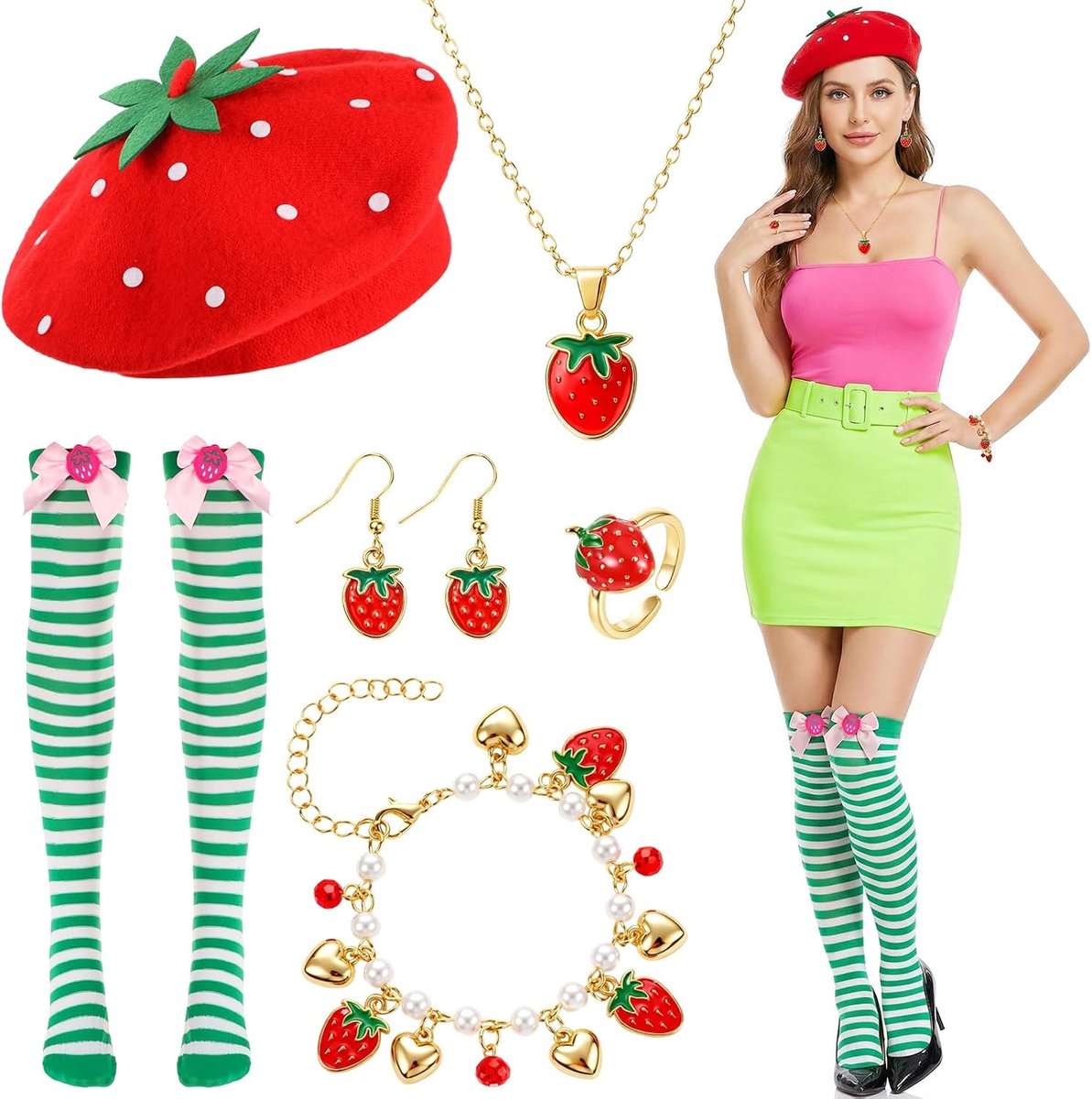 Vrouwelijk Aardbeien Kostuum met Hoed, Hoge Sokken en Sieraden Set voor Carnaval en Halloween Feestjes